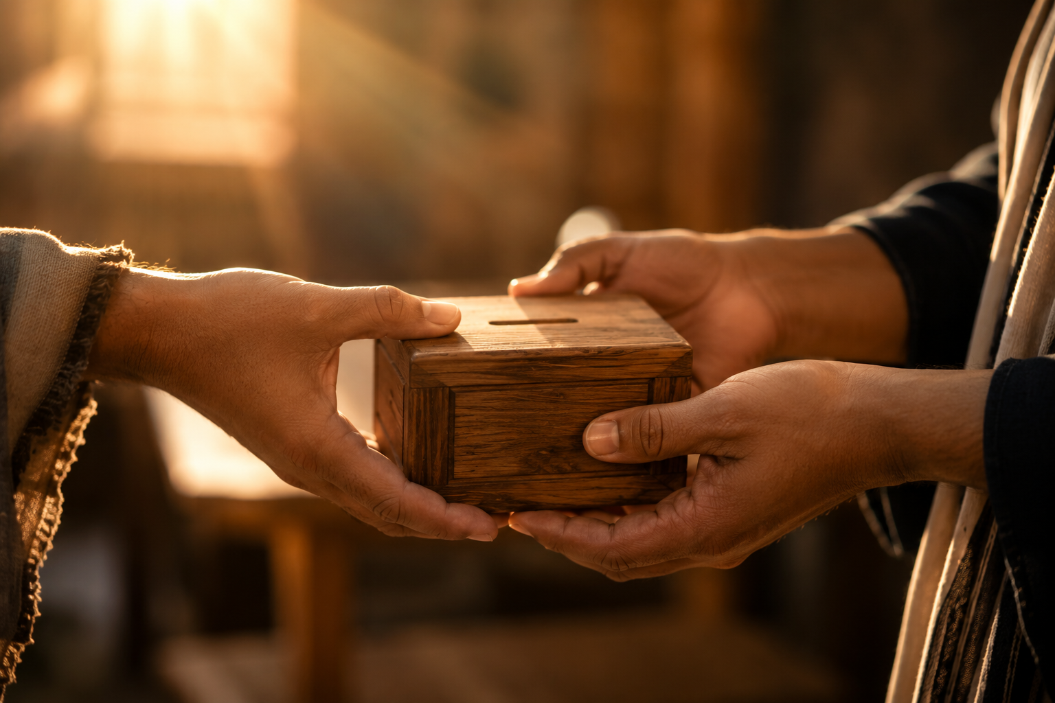 Manos entregando una caja de tzedaká - donaciones